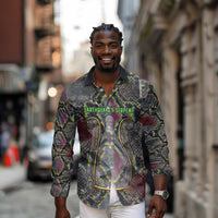 Geb Ancient Egyptian Long Sleeve Button Shirt with Serpent Throne and Snake Skin Texture Egyptian Earth God Tribute - Wonder Print Shop