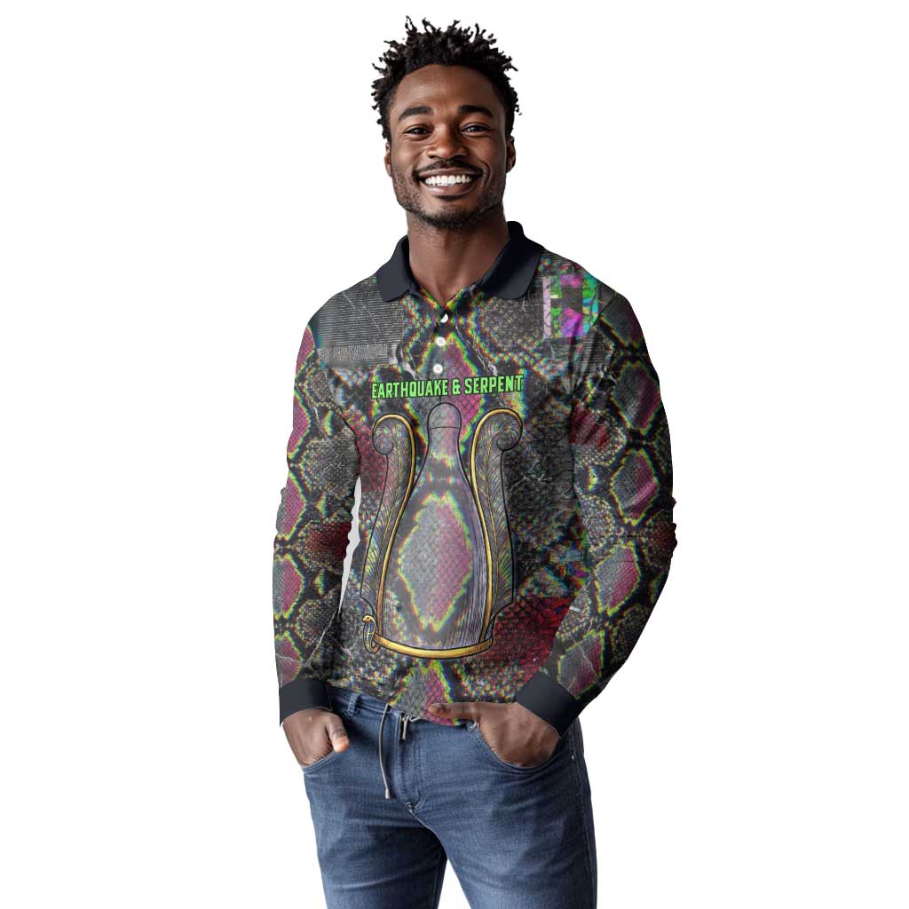 Geb Ancient Egyptian Long Sleeve Polo Shirt with Serpent Throne and Snake Skin Texture Egyptian Earth God Tribute - Wonder Print Shop