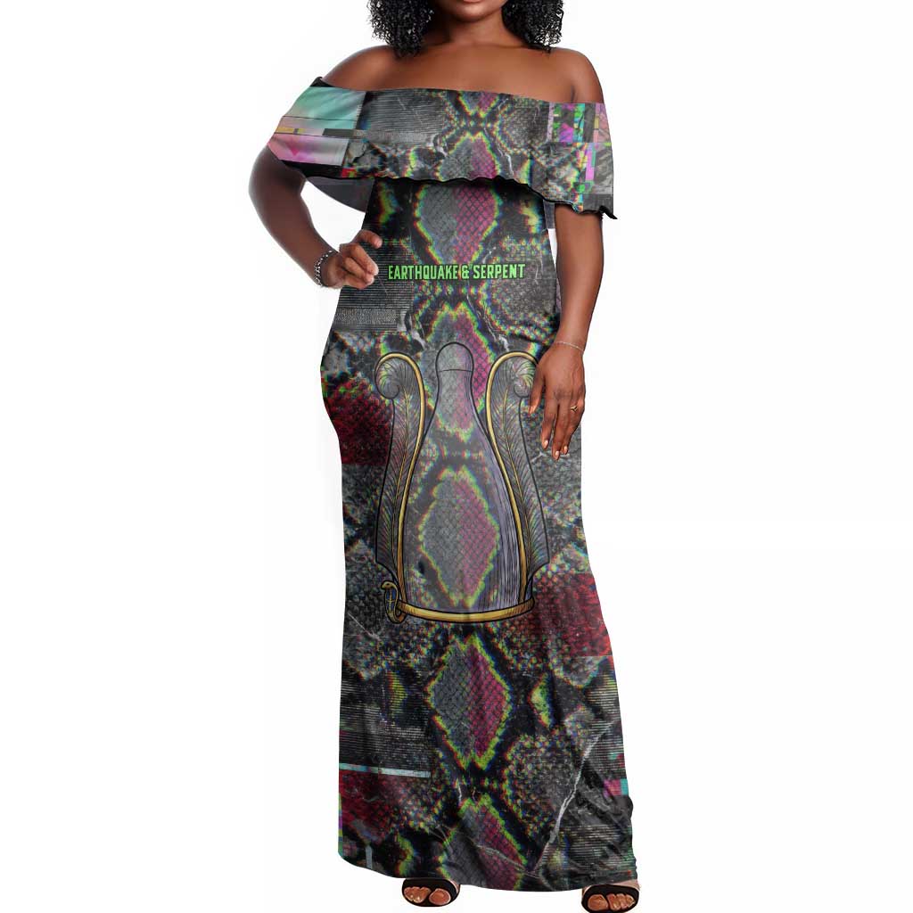 Geb Ancient Egyptian Off Shoulder Maxi Dress with Serpent Throne and Snake Skin Texture Egyptian Earth God Tribute - Wonder Print Shop