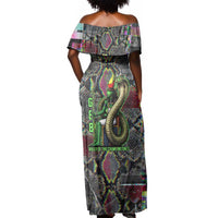 Geb Ancient Egyptian Off Shoulder Maxi Dress with Serpent Throne and Snake Skin Texture Egyptian Earth God Tribute - Wonder Print Shop
