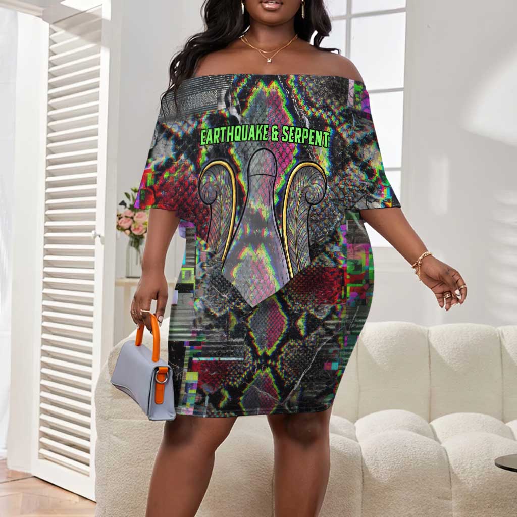 Geb Ancient Egyptian Off Shoulder Short Dress with Serpent Throne and Snake Skin Texture Egyptian Earth God Tribute - Wonder Print Shop