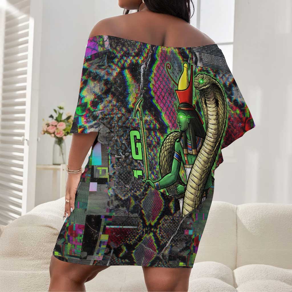 Geb Ancient Egyptian Off Shoulder Short Dress with Serpent Throne and Snake Skin Texture Egyptian Earth God Tribute - Wonder Print Shop