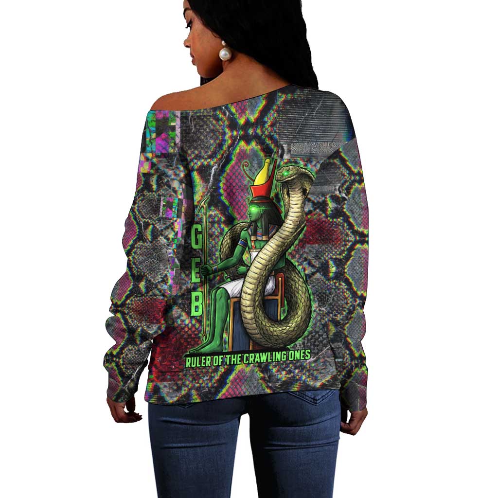 Geb Ancient Egyptian Off Shoulder Sweater with Serpent Throne and Snake Skin Texture Egyptian Earth God Tribute - Wonder Print Shop