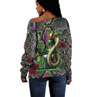 Geb Ancient Egyptian Off Shoulder Sweater with Serpent Throne and Snake Skin Texture Egyptian Earth God Tribute - Wonder Print Shop
