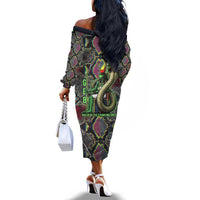 Geb Ancient Egyptian Off The Shoulder Long Sleeve Dress with Serpent Throne and Snake Skin Texture Egyptian Earth God Tribute - Wonder Print Shop