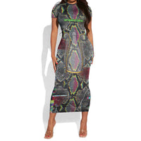 Geb Ancient Egyptian Short Sleeve Bodycon Dress with Serpent Throne and Snake Skin Texture Egyptian Earth God Tribute - Wonder Print Shop