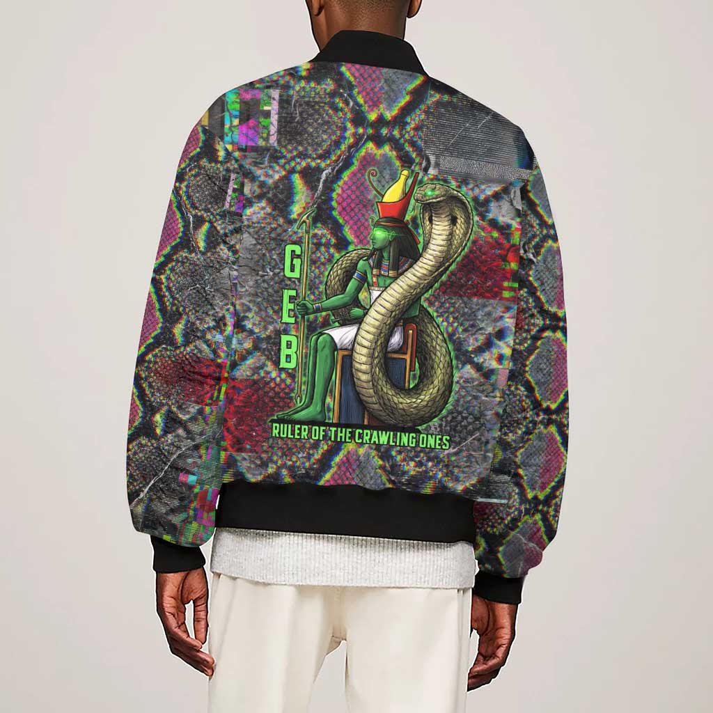 Geb Ancient Egyptian Sleeve Zip Bomber Jacket with Serpent Throne and Snake Skin Texture Egyptian Earth God Tribute - Wonder Print Shop