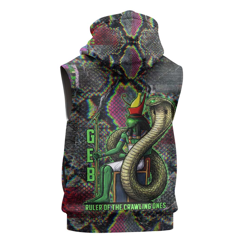 Geb Ancient Egyptian Sleeveless Zip Hoodie with Serpent Throne and Snake Skin Texture Egyptian Earth God Tribute - Wonder Print Shop