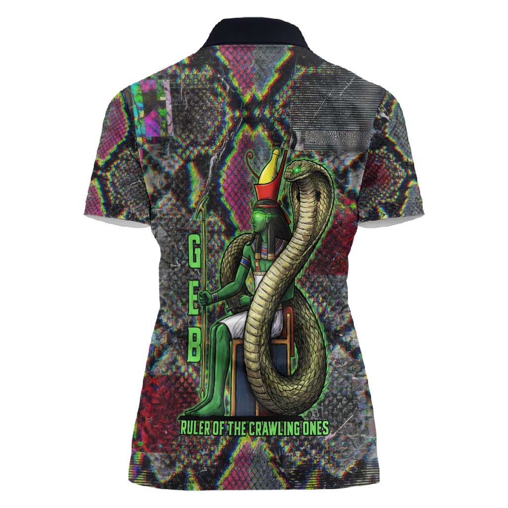 Geb Ancient Egyptian Women Polo Shirt with Serpent Throne and Snake Skin Texture Egyptian Earth God Tribute - Wonder Print Shop