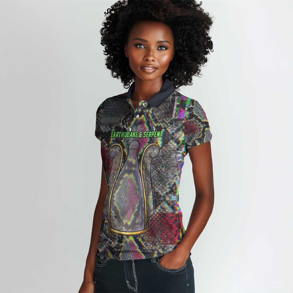 Geb Ancient Egyptian Women Polo Shirt with Serpent Throne and Snake Skin Texture Egyptian Earth God Tribute - Wonder Print Shop