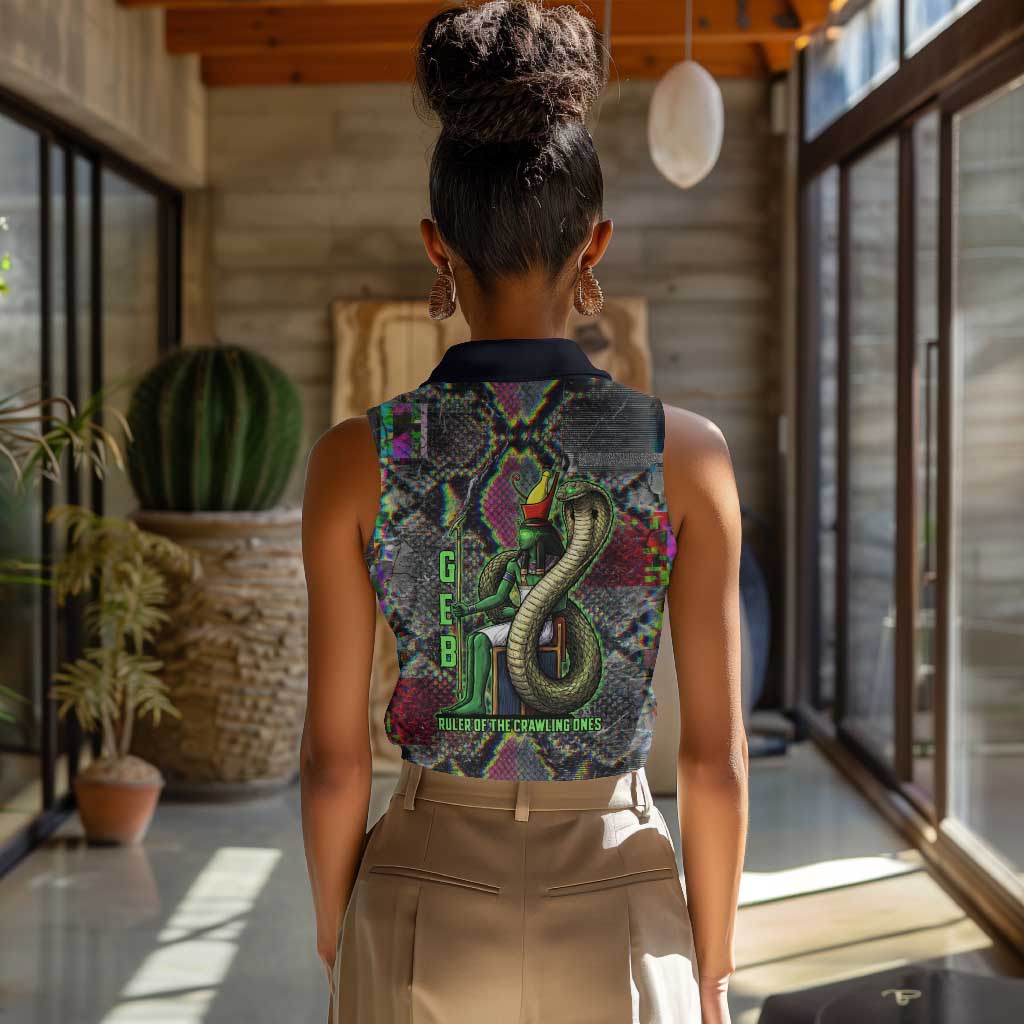 Geb Ancient Egyptian Women Sleeveless Polo Shirt with Serpent Throne and Snake Skin Texture Egyptian Earth God Tribute - Wonder Print Shop