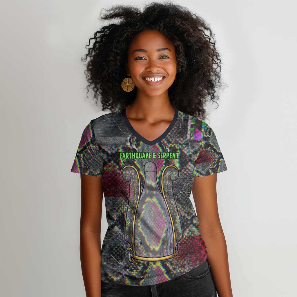 Geb Ancient Egyptian Women V-Neck T-Shirt with Serpent Throne and Snake Skin Texture Egyptian Earth God Tribute - Wonder Print Shop