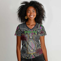 Geb Ancient Egyptian Women V-Neck T-Shirt with Serpent Throne and Snake Skin Texture Egyptian Earth God Tribute - Wonder Print Shop