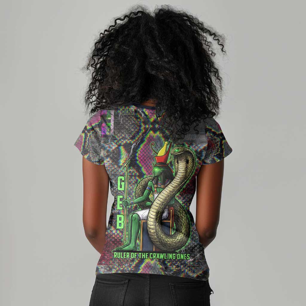 Geb Ancient Egyptian Women V-Neck T-Shirt with Serpent Throne and Snake Skin Texture Egyptian Earth God Tribute - Wonder Print Shop