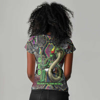 Geb Ancient Egyptian Women V-Neck T-Shirt with Serpent Throne and Snake Skin Texture Egyptian Earth God Tribute - Wonder Print Shop