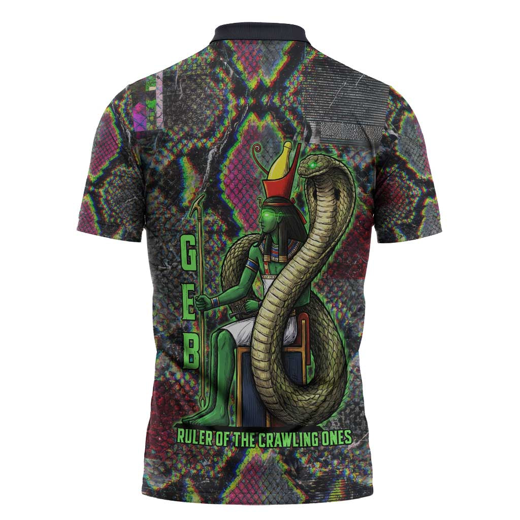 Geb Ancient Egyptian Zipper Polo Shirt with Serpent Throne and Snake Skin Texture Egyptian Earth God Tribute - Wonder Print Shop