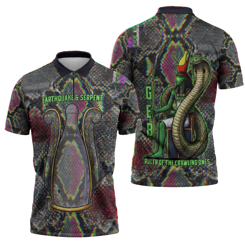 Geb Ancient Egyptian Zipper Polo Shirt with Serpent Throne and Snake Skin Texture Egyptian Earth God Tribute - Wonder Print Shop