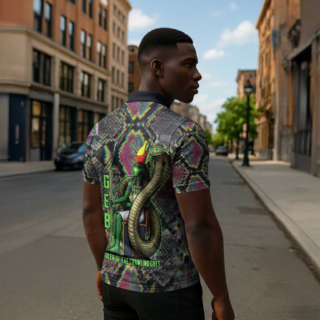 Geb Ancient Egyptian Zipper Polo Shirt with Serpent Throne and Snake Skin Texture Egyptian Earth God Tribute - Wonder Print Shop