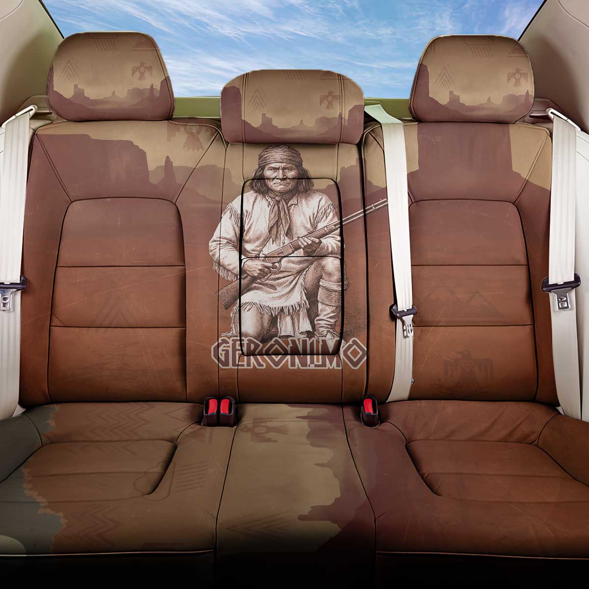 Geronimo Native American Back Car Seat Cover Rifle and Desert Landscape Native American Warrior - Wonder Print Shop