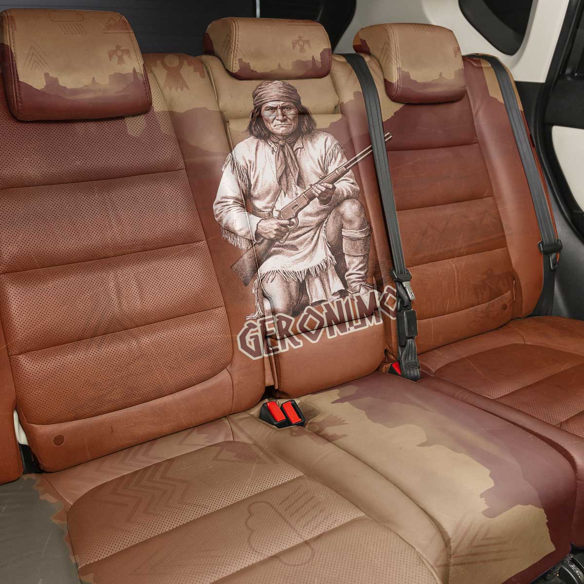 Geronimo Native American Back Car Seat Cover Rifle and Desert Landscape Native American Warrior - Wonder Print Shop