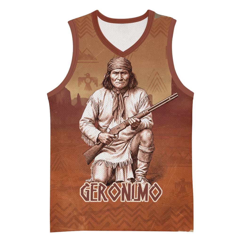 Geronimo Native American Basketball Jersey Rifle and Desert Landscape Native American Warrior - Wonder Print Shop