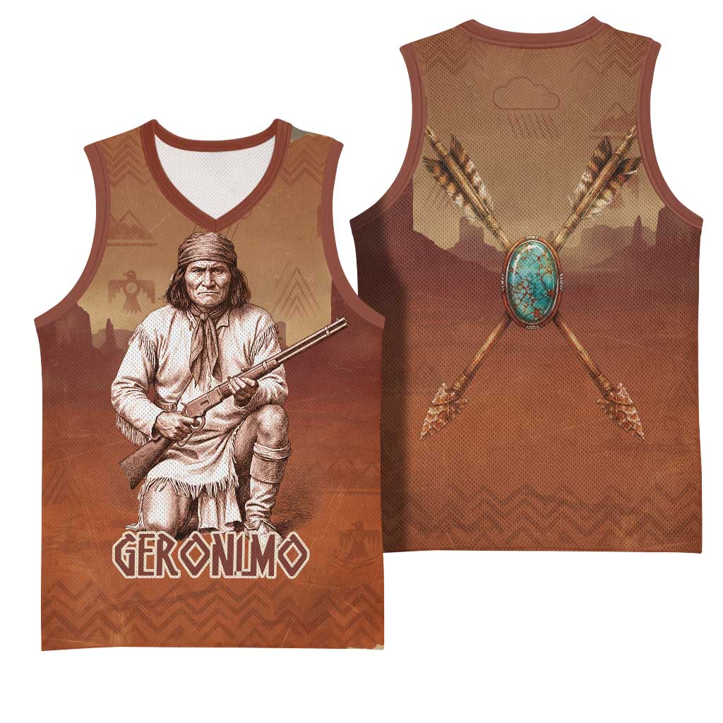 Geronimo Native American Basketball Jersey Rifle and Desert Landscape Native American Warrior - Wonder Print Shop