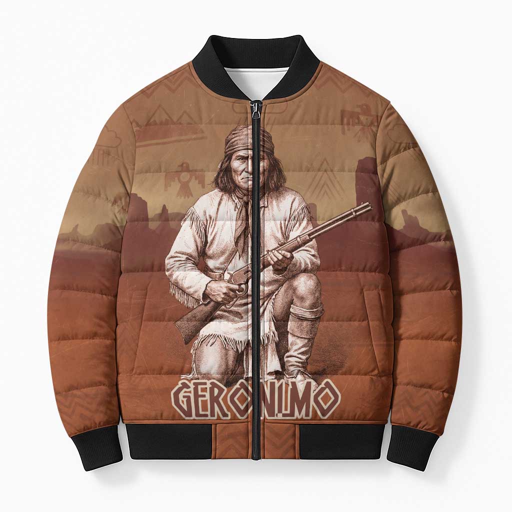 Geronimo Native American Bomber Puffer Jacket Rifle and Desert Landscape Native American Warrior - Wonder Print Shop