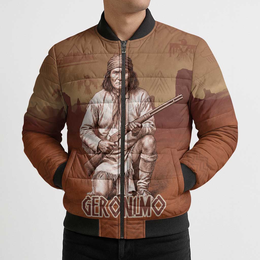 Geronimo Native American Bomber Puffer Jacket Rifle and Desert Landscape Native American Warrior - Wonder Print Shop