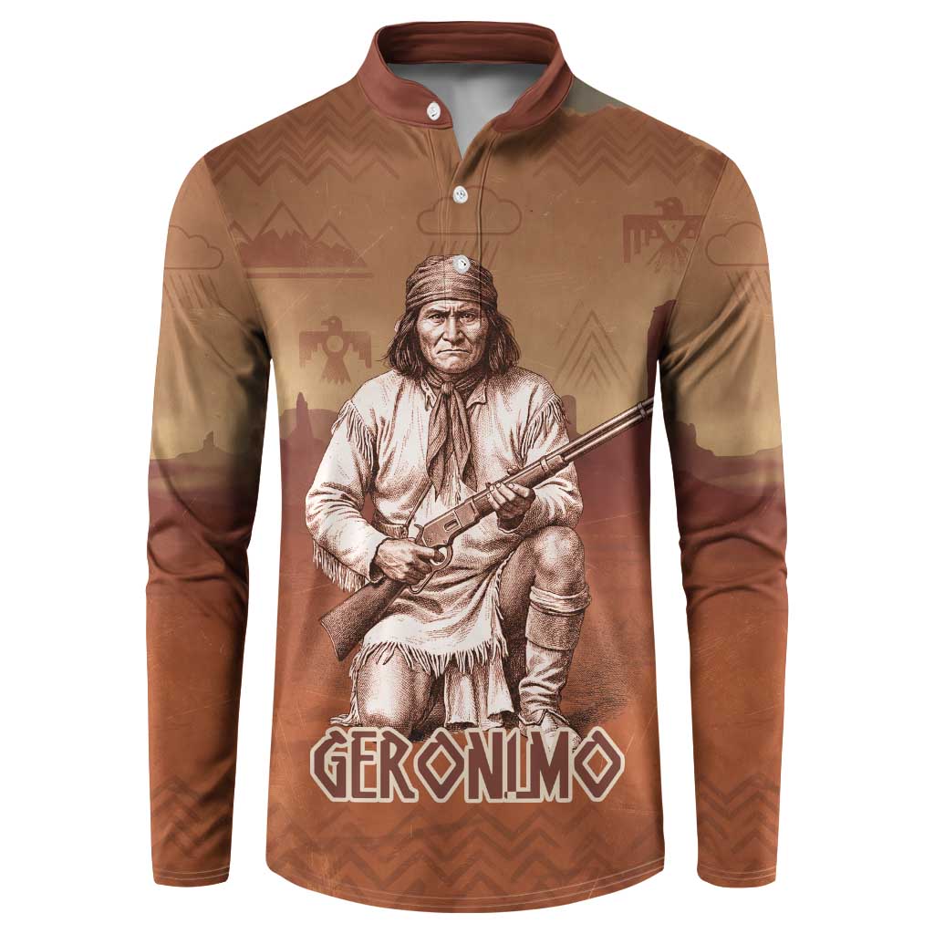 Geronimo Native American Button Sweatshirt Rifle and Desert Landscape Native American Warrior - Wonder Print Shop
