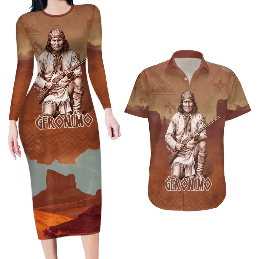 Geronimo Native American Couples Matching Long Sleeve Bodycon Dress and Hawaiian Shirt Rifle and Desert Landscape Native American Warrior - Wonder Print Shop