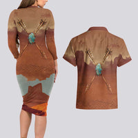 Geronimo Native American Couples Matching Long Sleeve Bodycon Dress and Hawaiian Shirt Rifle and Desert Landscape Native American Warrior - Wonder Print Shop