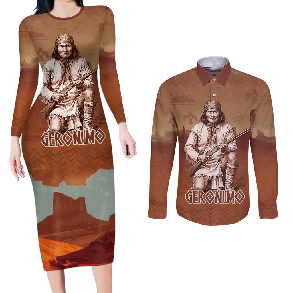 Geronimo Native American Couples Matching Long Sleeve Bodycon Dress and Long Sleeve Button Shirt Rifle and Desert Landscape Native American Warrior - Wonder Print Shop