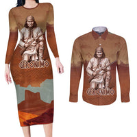 Geronimo Native American Couples Matching Long Sleeve Bodycon Dress and Long Sleeve Button Shirt Rifle and Desert Landscape Native American Warrior - Wonder Print Shop
