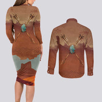 Geronimo Native American Couples Matching Long Sleeve Bodycon Dress and Long Sleeve Button Shirt Rifle and Desert Landscape Native American Warrior - Wonder Print Shop
