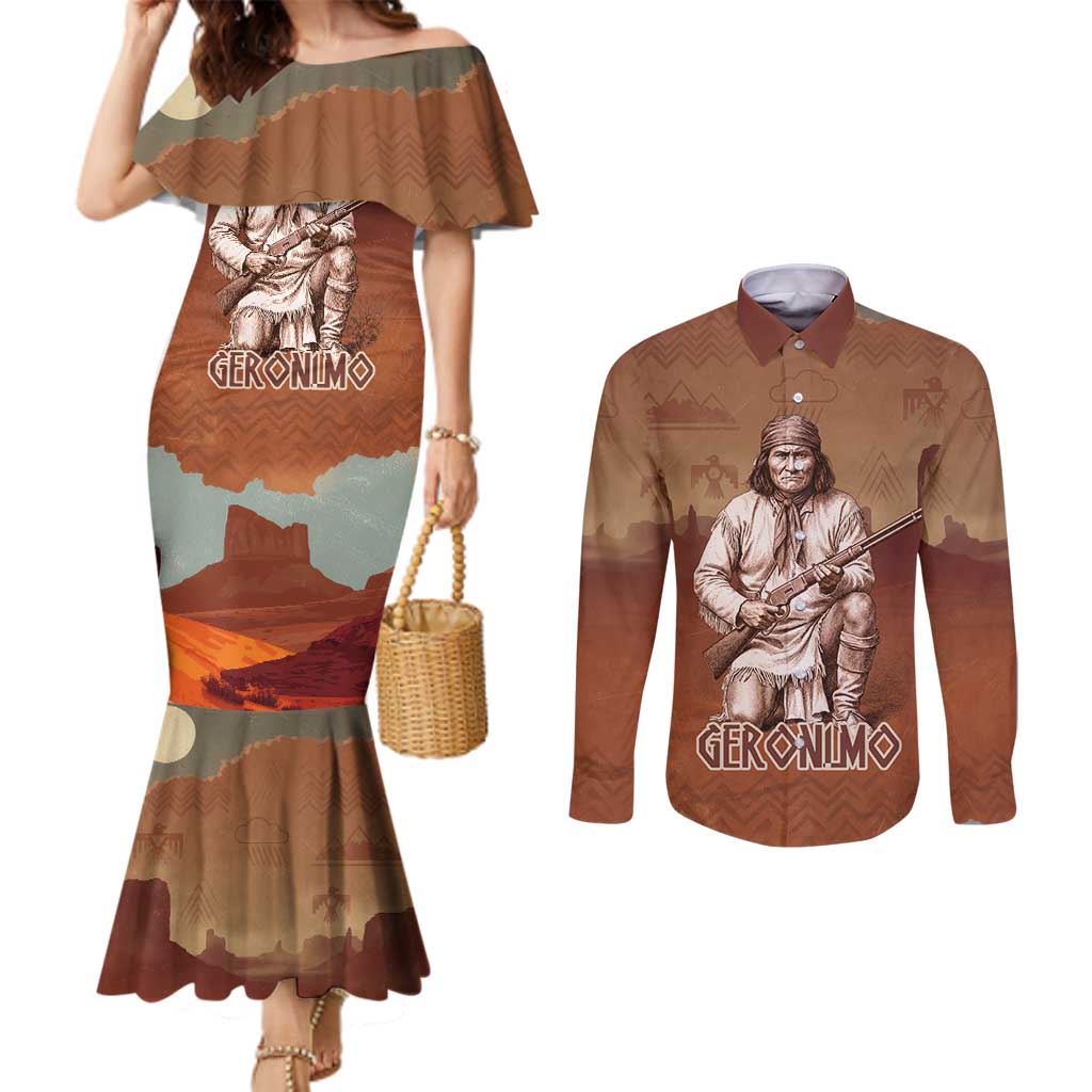 Geronimo Native American Couples Matching Mermaid Dress and Long Sleeve Button Shirt Rifle and Desert Landscape Native American Warrior - Wonder Print Shop
