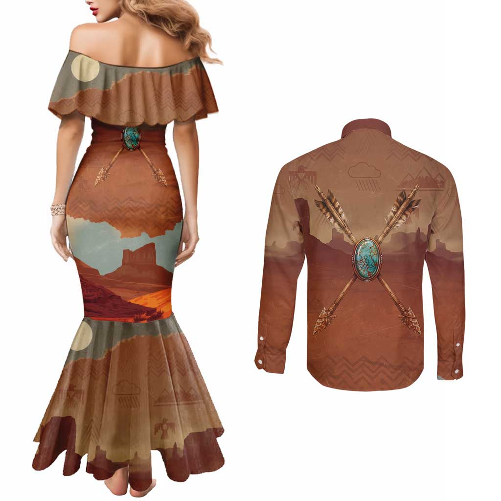 Geronimo Native American Couples Matching Mermaid Dress and Long Sleeve Button Shirt Rifle and Desert Landscape Native American Warrior - Wonder Print Shop
