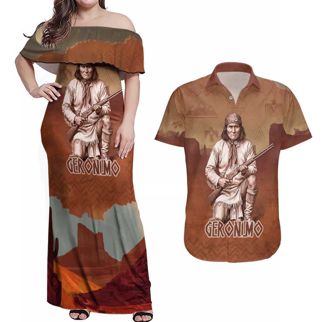 Geronimo Native American Couples Matching Off Shoulder Maxi Dress and Hawaiian Shirt Rifle and Desert Landscape Native American Warrior - Wonder Print Shop