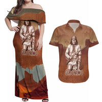 Geronimo Native American Couples Matching Off Shoulder Maxi Dress and Hawaiian Shirt Rifle and Desert Landscape Native American Warrior - Wonder Print Shop