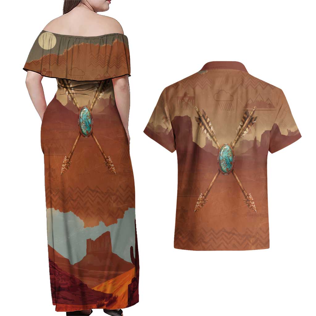 Geronimo Native American Couples Matching Off Shoulder Maxi Dress and Hawaiian Shirt Rifle and Desert Landscape Native American Warrior - Wonder Print Shop
