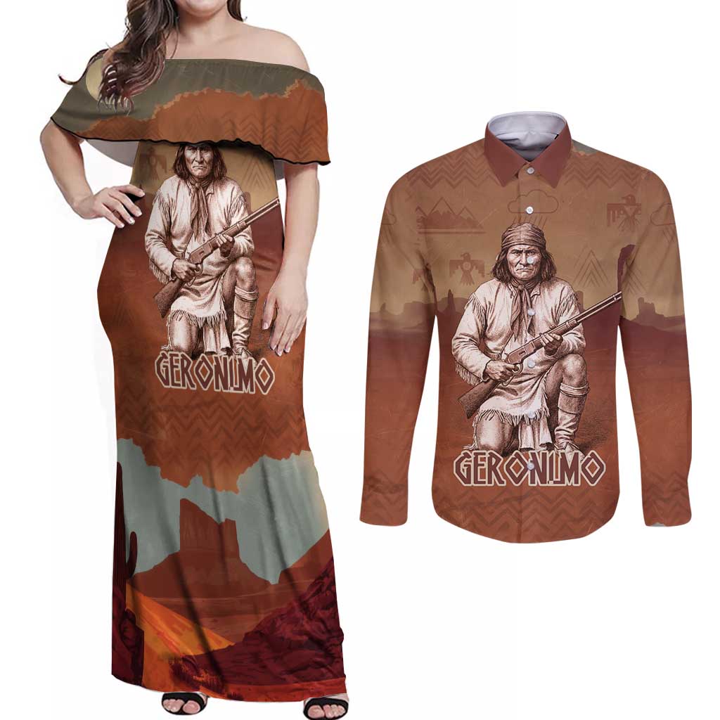 Geronimo Native American Couples Matching Off Shoulder Maxi Dress and Long Sleeve Button Shirt Rifle and Desert Landscape Native American Warrior - Wonder Print Shop