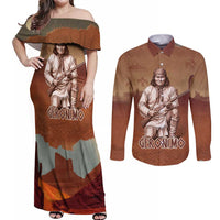 Geronimo Native American Couples Matching Off Shoulder Maxi Dress and Long Sleeve Button Shirt Rifle and Desert Landscape Native American Warrior - Wonder Print Shop
