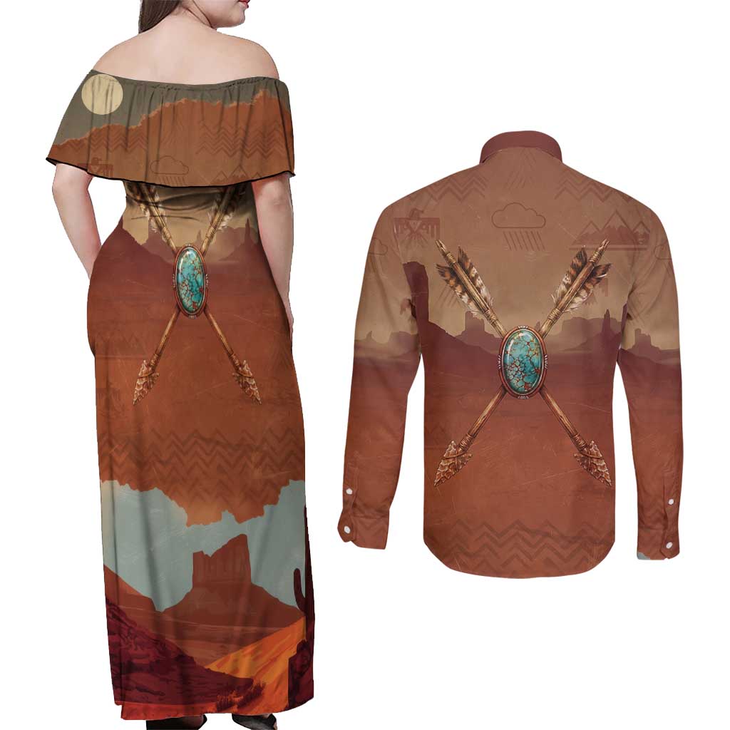Geronimo Native American Couples Matching Off Shoulder Maxi Dress and Long Sleeve Button Shirt Rifle and Desert Landscape Native American Warrior - Wonder Print Shop