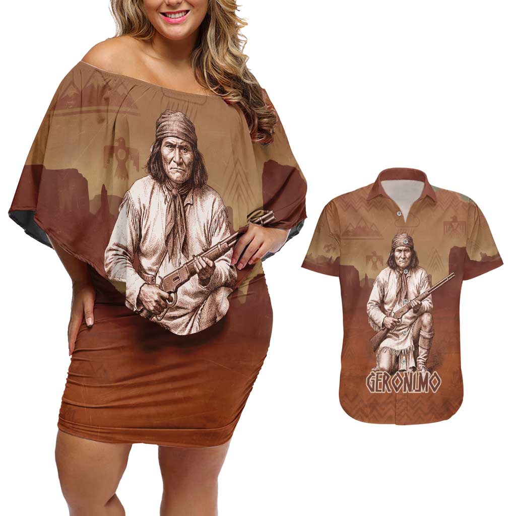 Geronimo Native American Couples Matching Off Shoulder Short Dress and Hawaiian Shirt Rifle and Desert Landscape Native American Warrior - Wonder Print Shop