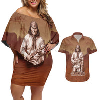 Geronimo Native American Couples Matching Off Shoulder Short Dress and Hawaiian Shirt Rifle and Desert Landscape Native American Warrior - Wonder Print Shop