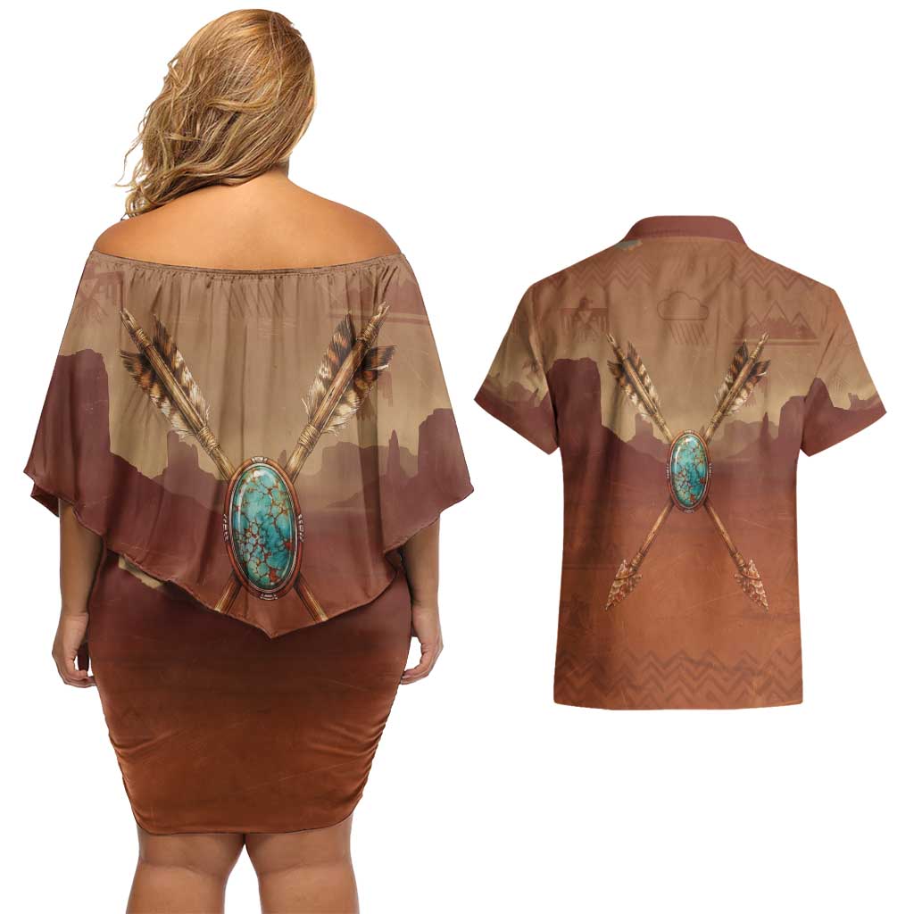 Geronimo Native American Couples Matching Off Shoulder Short Dress and Hawaiian Shirt Rifle and Desert Landscape Native American Warrior - Wonder Print Shop