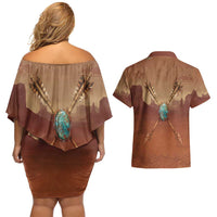 Geronimo Native American Couples Matching Off Shoulder Short Dress and Hawaiian Shirt Rifle and Desert Landscape Native American Warrior - Wonder Print Shop
