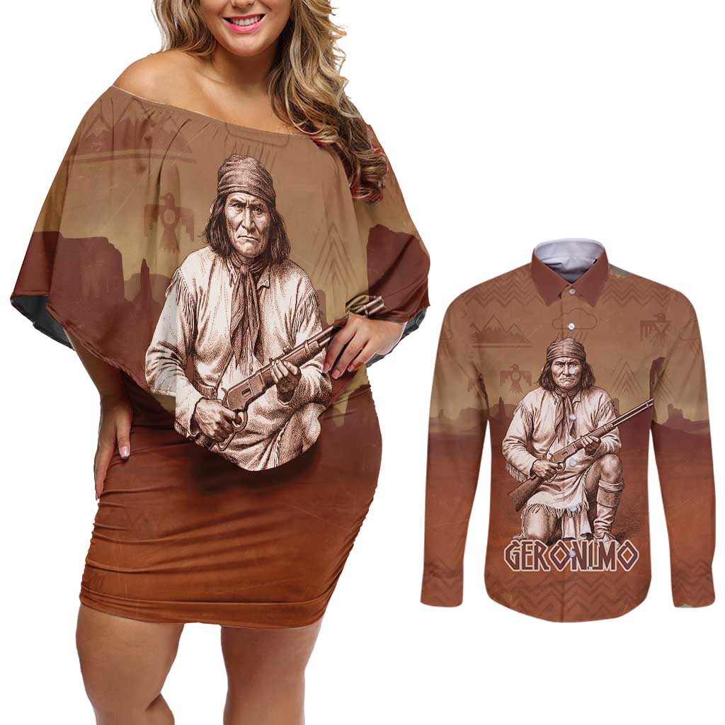 Geronimo Native American Couples Matching Off Shoulder Short Dress and Long Sleeve Button Shirt Rifle and Desert Landscape Native American Warrior - Wonder Print Shop