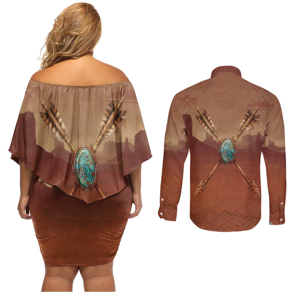 Geronimo Native American Couples Matching Off Shoulder Short Dress and Long Sleeve Button Shirt Rifle and Desert Landscape Native American Warrior - Wonder Print Shop