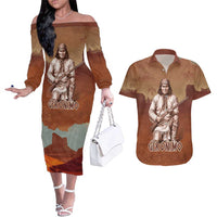 Geronimo Native American Couples Matching Off The Shoulder Long Sleeve Dress and Hawaiian Shirt Rifle and Desert Landscape Native American Warrior - Wonder Print Shop