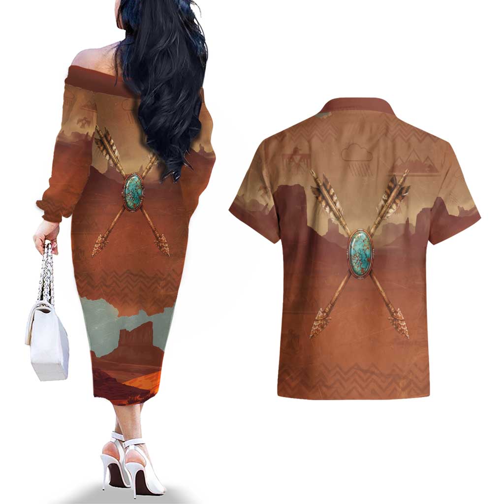Geronimo Native American Couples Matching Off The Shoulder Long Sleeve Dress and Hawaiian Shirt Rifle and Desert Landscape Native American Warrior - Wonder Print Shop